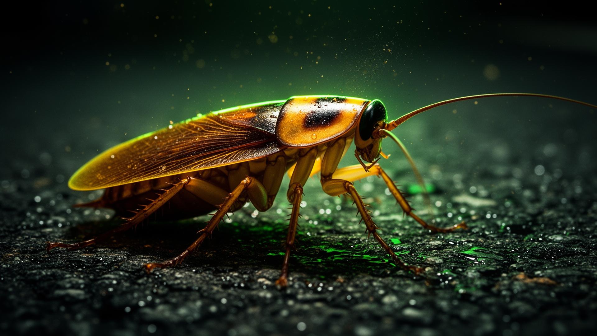 Cinematic close-up of a cockroach with neon rim light