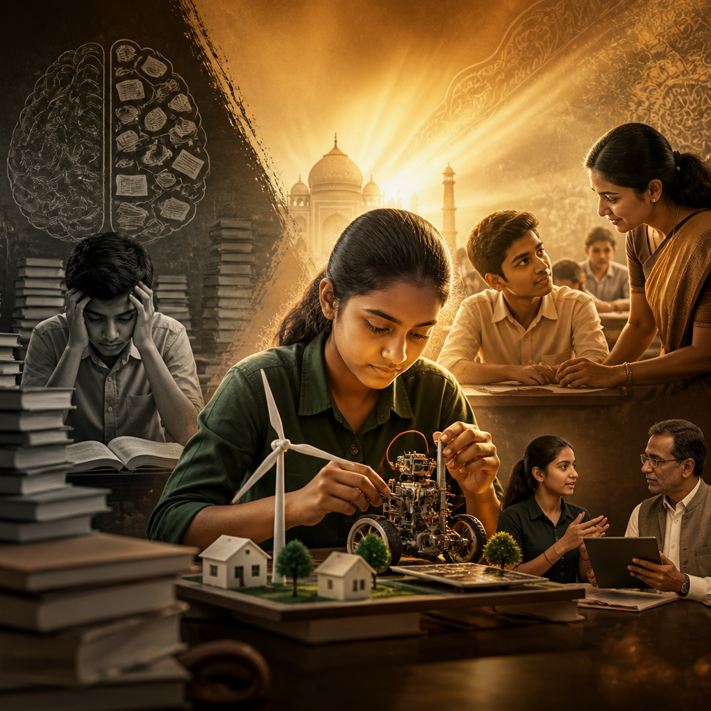 Cinematic poster for Skill-Based Board Exam Reform Bill