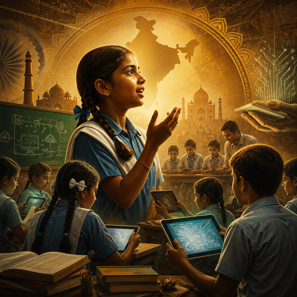 Cinematic poster for Government School English+Tech Upgrade Bill